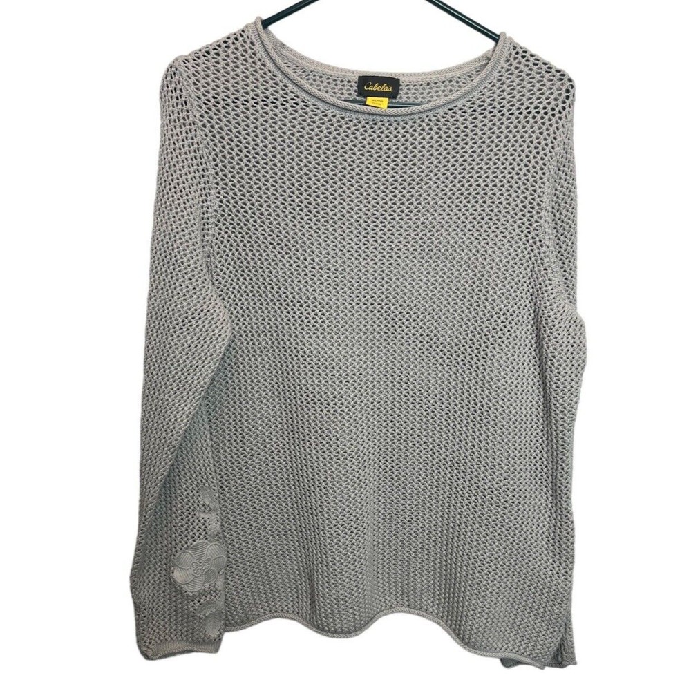 Cabela's Gray Open Knit Pullover Sweater Women's XL Embroidered Floral Sleeve